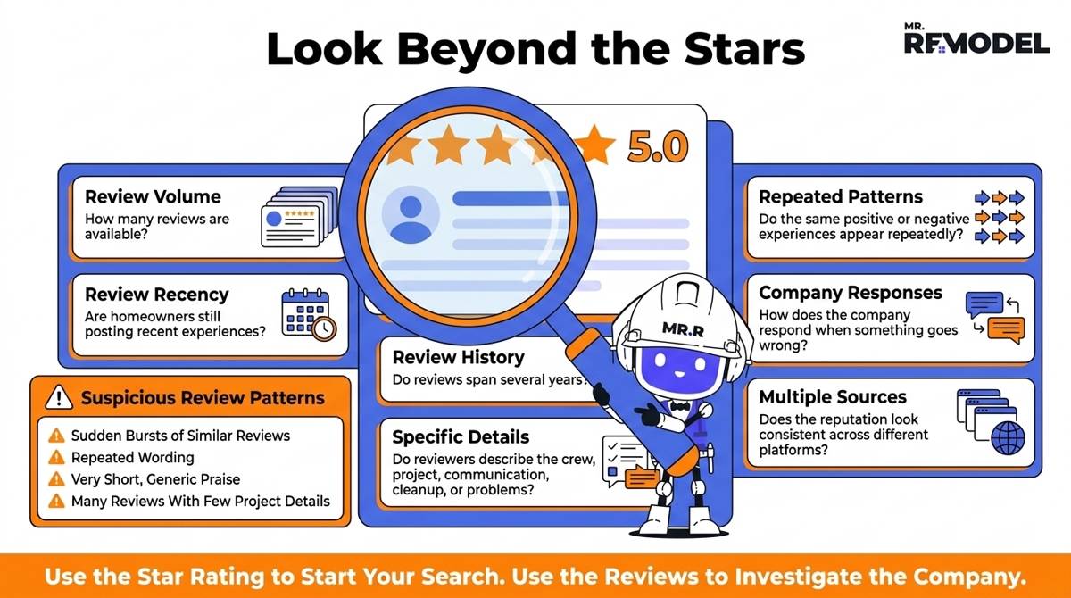 Editorial window company review scorecard showing homeowners how to evaluate review volume, recency, detail, consistency, company responses, multiple review sources, and suspicious rating patterns before hiring.